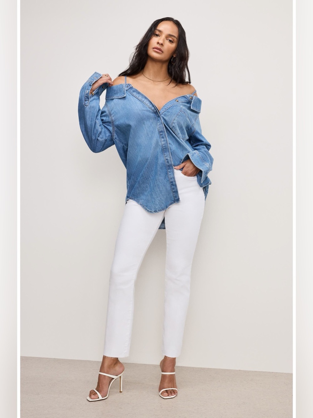 Good American Off the Shoulder Denim Shirt NWT